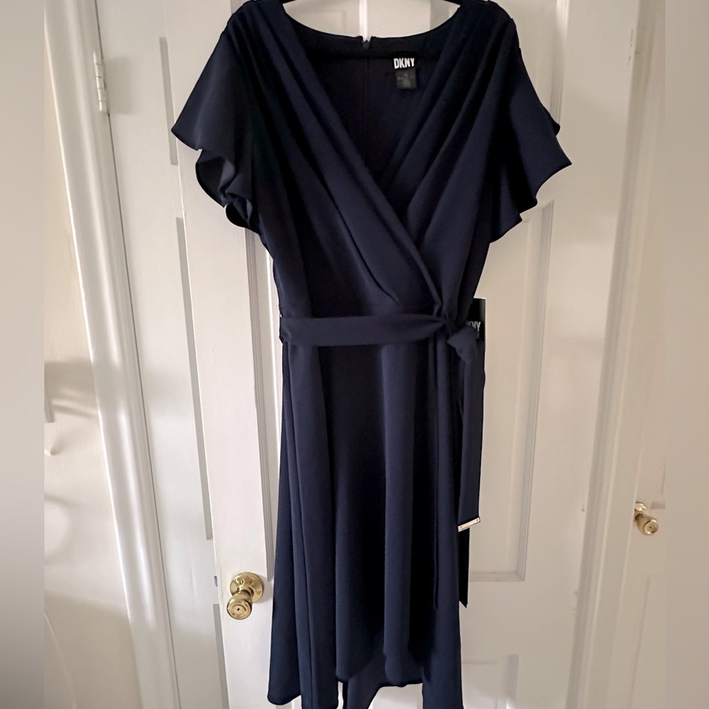 DKNY NWT 18W PLUS SIZE flutter sleeve faux wrap navy dress